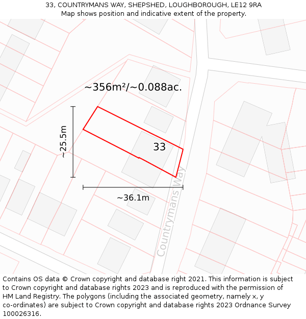 33, COUNTRYMANS WAY, SHEPSHED, LOUGHBOROUGH, LE12 9RA: Plot and title map