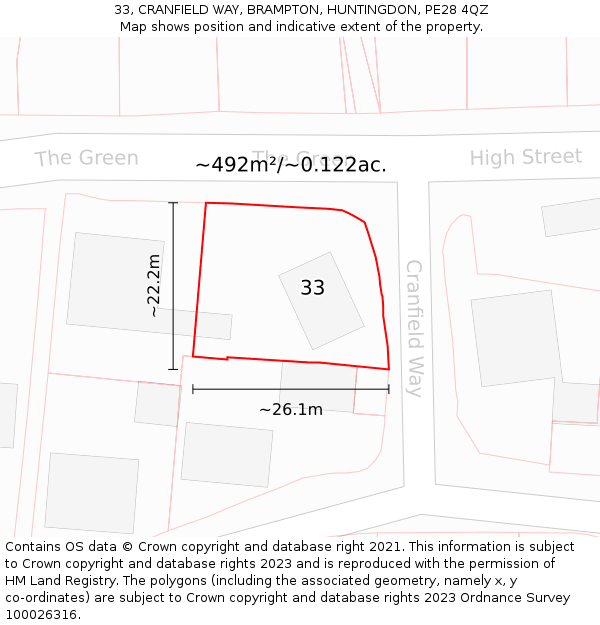 33, CRANFIELD WAY, BRAMPTON, HUNTINGDON, PE28 4QZ: Plot and title map