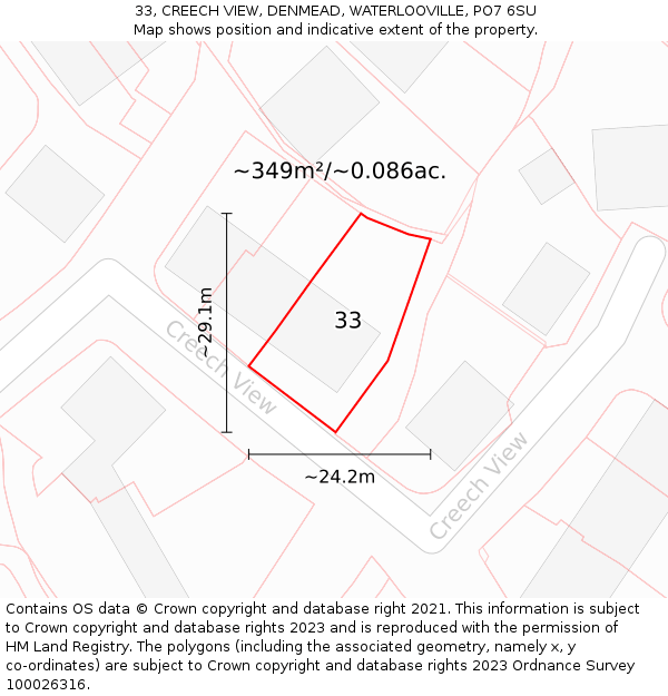 33, CREECH VIEW, DENMEAD, WATERLOOVILLE, PO7 6SU: Plot and title map