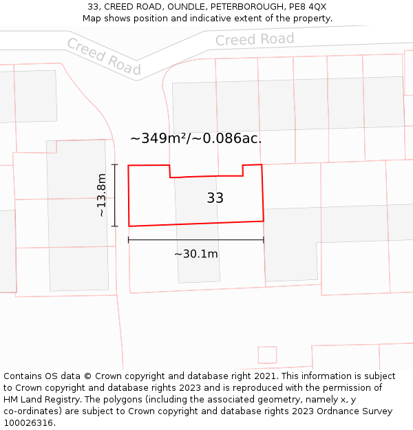 33, CREED ROAD, OUNDLE, PETERBOROUGH, PE8 4QX: Plot and title map