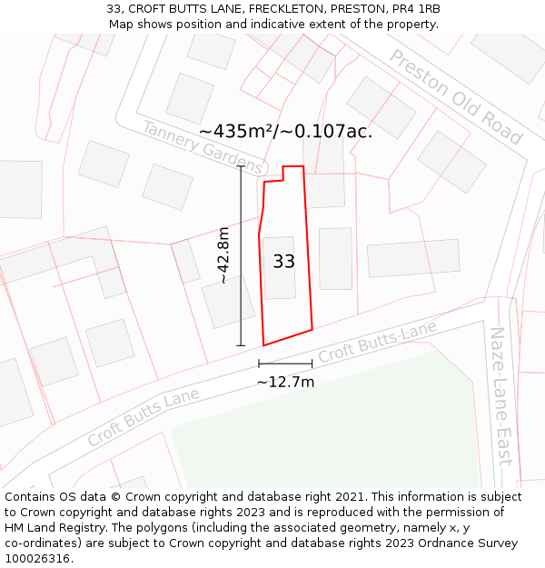 33, CROFT BUTTS LANE, FRECKLETON, PRESTON, PR4 1RB: Plot and title map