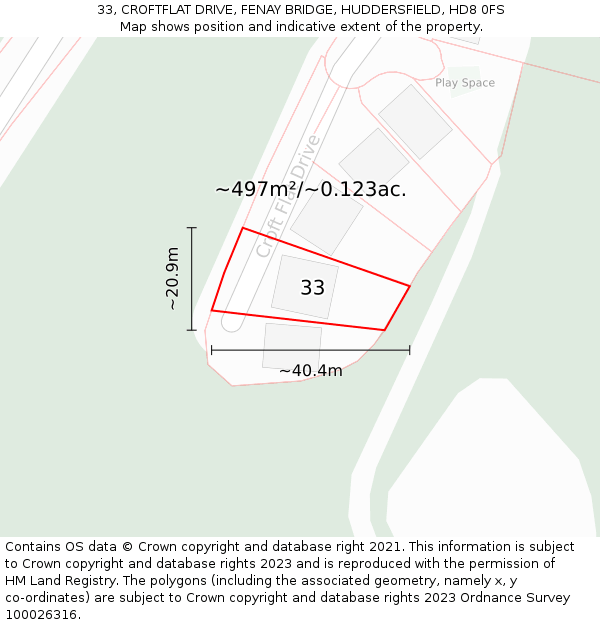 33, CROFTFLAT DRIVE, FENAY BRIDGE, HUDDERSFIELD, HD8 0FS: Plot and title map