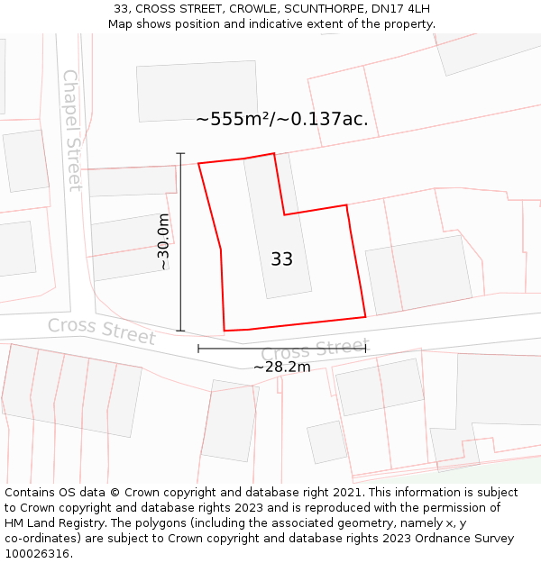 33, CROSS STREET, CROWLE, SCUNTHORPE, DN17 4LH: Plot and title map