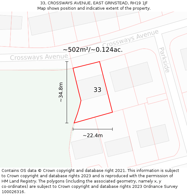 33, CROSSWAYS AVENUE, EAST GRINSTEAD, RH19 1JF: Plot and title map