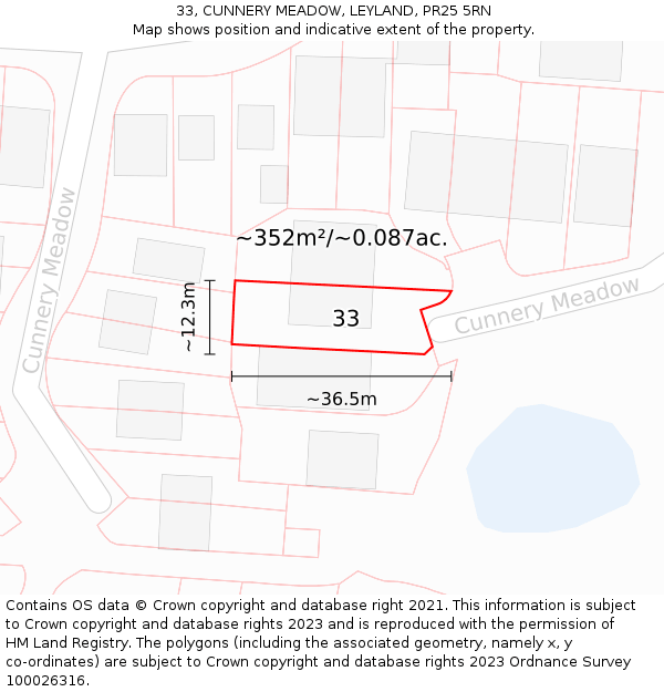 33, CUNNERY MEADOW, LEYLAND, PR25 5RN: Plot and title map