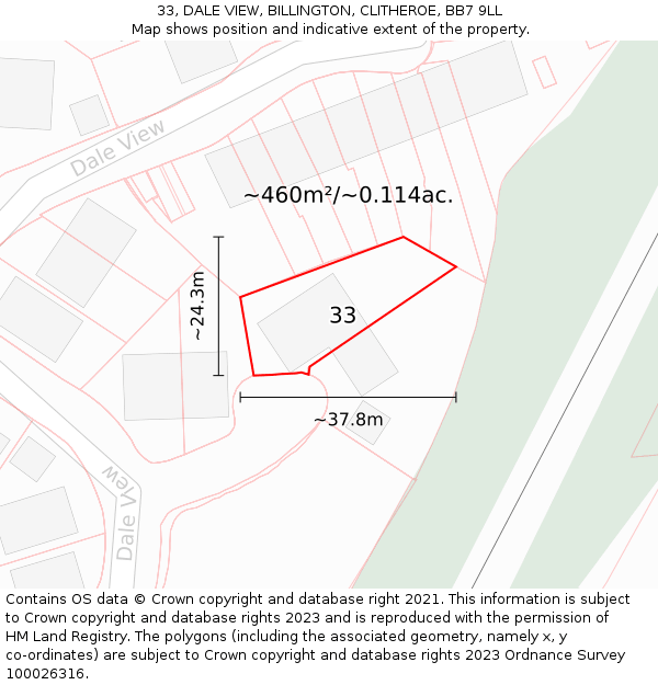 33, DALE VIEW, BILLINGTON, CLITHEROE, BB7 9LL: Plot and title map