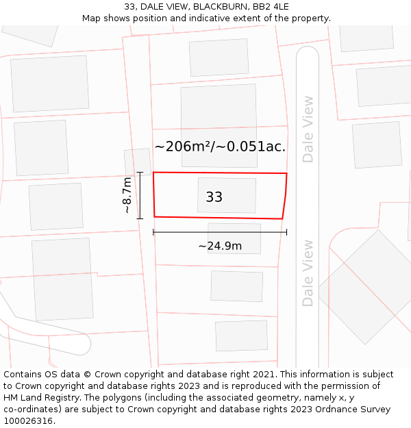33, DALE VIEW, BLACKBURN, BB2 4LE: Plot and title map