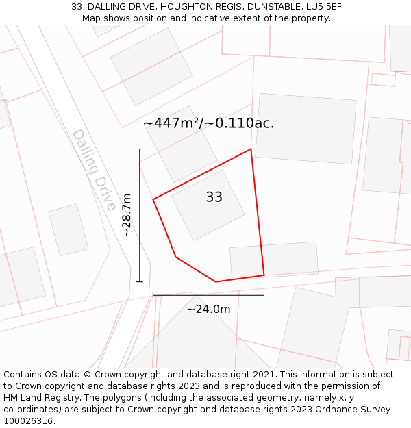 33, DALLING DRIVE, HOUGHTON REGIS, DUNSTABLE, LU5 5EF: Plot and title map