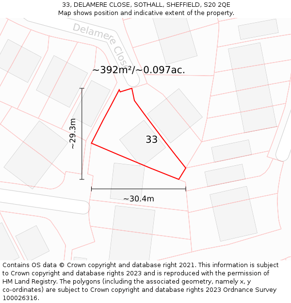 33, DELAMERE CLOSE, SOTHALL, SHEFFIELD, S20 2QE: Plot and title map