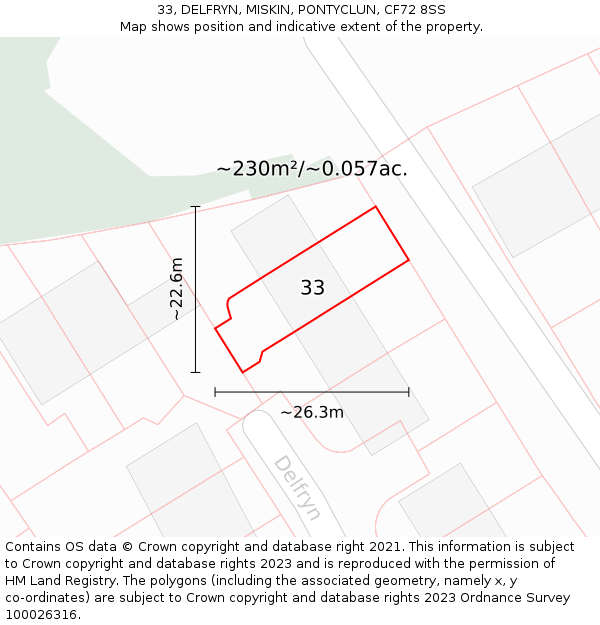 33, DELFRYN, MISKIN, PONTYCLUN, CF72 8SS: Plot and title map