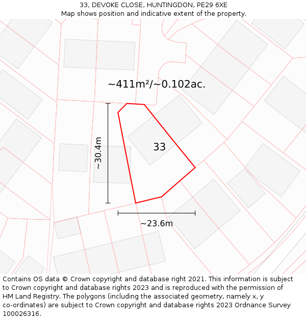 33, DEVOKE CLOSE, HUNTINGDON, PE29 6XE: Plot and title map