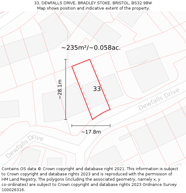 33, DEWFALLS DRIVE, BRADLEY STOKE, BRISTOL, BS32 9BW: Plot and title map
