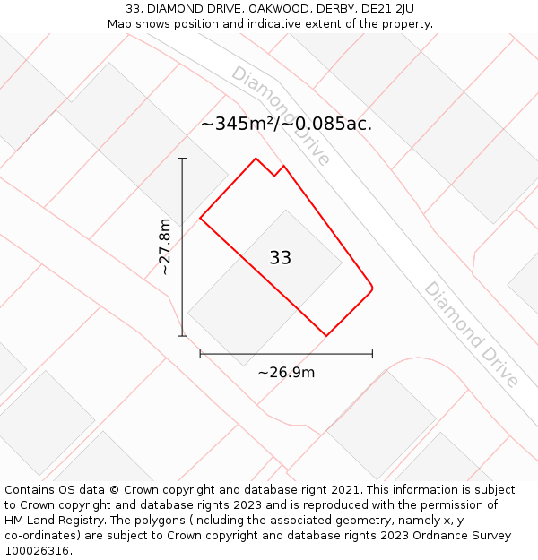 33, DIAMOND DRIVE, OAKWOOD, DERBY, DE21 2JU: Plot and title map