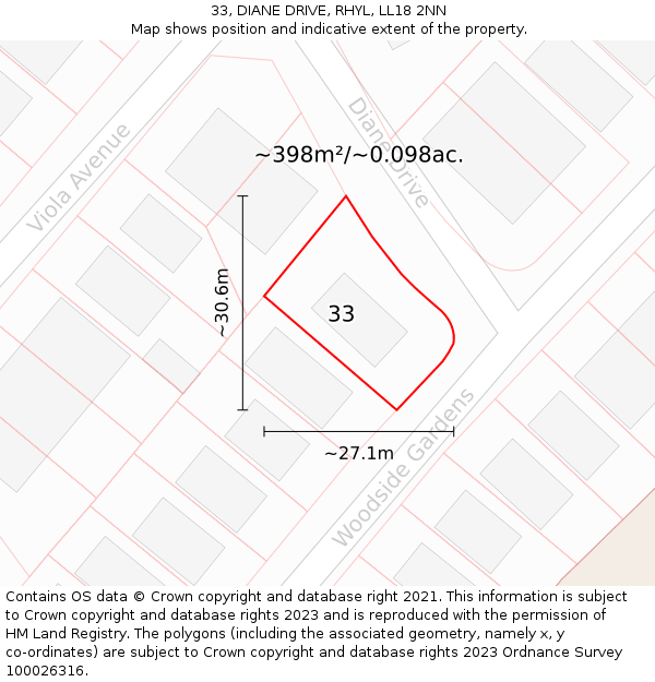33, DIANE DRIVE, RHYL, LL18 2NN: Plot and title map