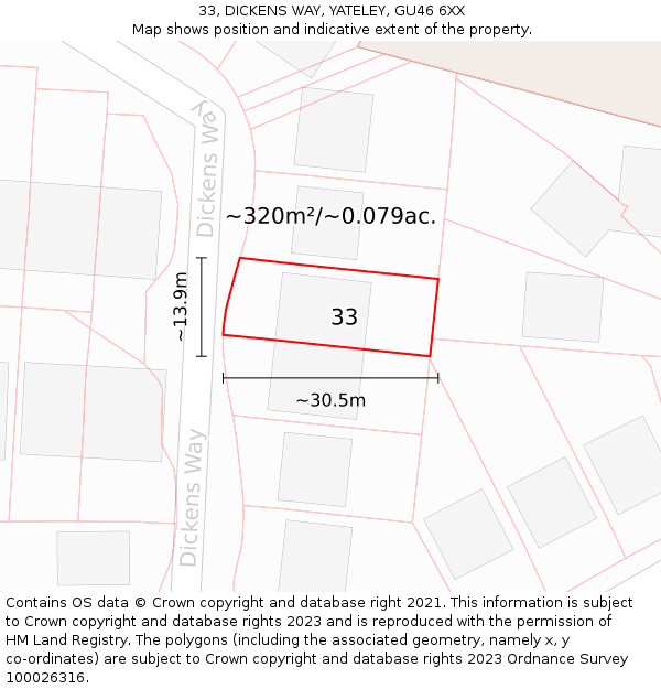 33, DICKENS WAY, YATELEY, GU46 6XX: Plot and title map