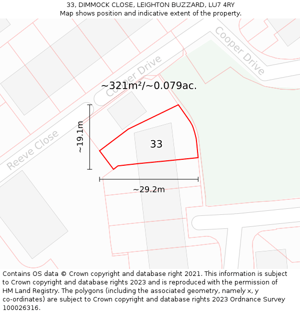 33, DIMMOCK CLOSE, LEIGHTON BUZZARD, LU7 4RY: Plot and title map