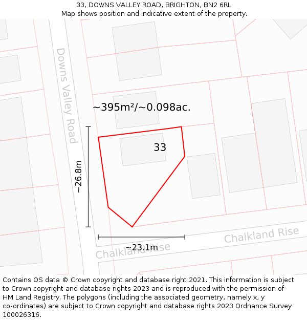 33, DOWNS VALLEY ROAD, BRIGHTON, BN2 6RL: Plot and title map