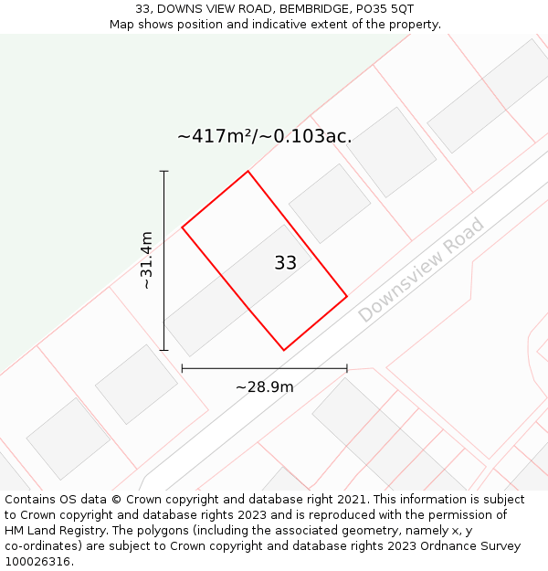 33, DOWNS VIEW ROAD, BEMBRIDGE, PO35 5QT: Plot and title map