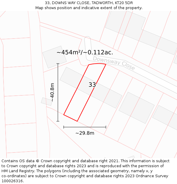 33, DOWNS WAY CLOSE, TADWORTH, KT20 5DR: Plot and title map