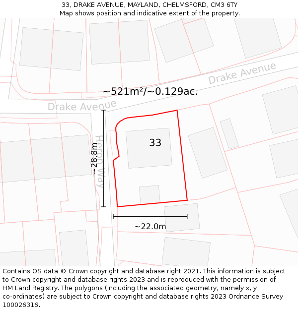 33, DRAKE AVENUE, MAYLAND, CHELMSFORD, CM3 6TY: Plot and title map