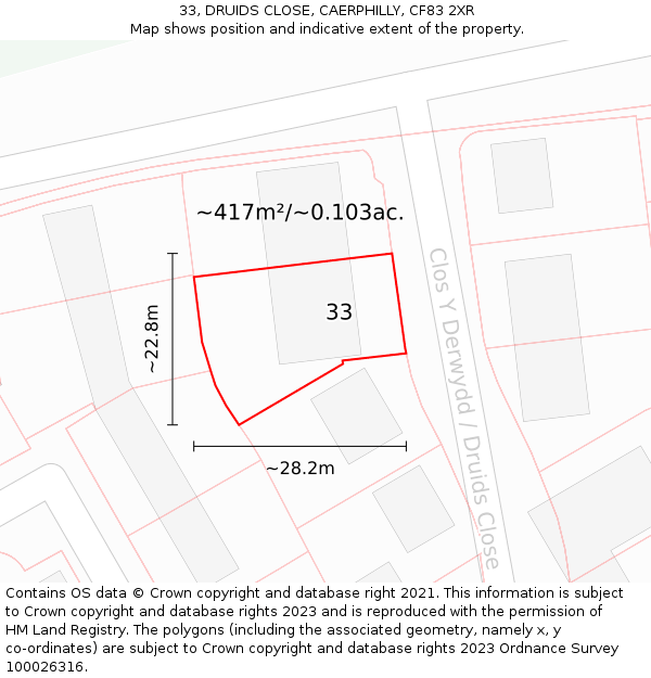 33, DRUIDS CLOSE, CAERPHILLY, CF83 2XR: Plot and title map