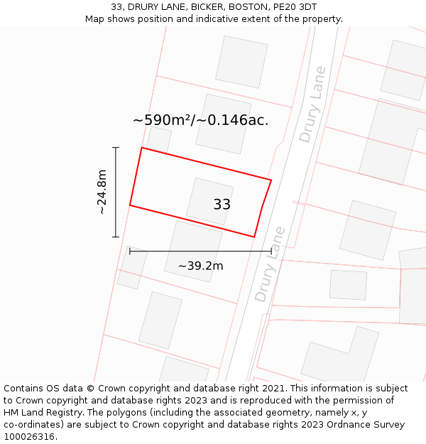 33, DRURY LANE, BICKER, BOSTON, PE20 3DT: Plot and title map