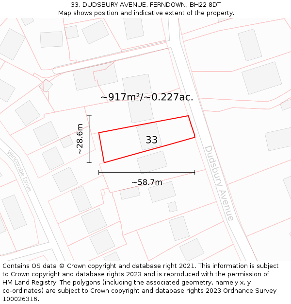 33, DUDSBURY AVENUE, FERNDOWN, BH22 8DT: Plot and title map