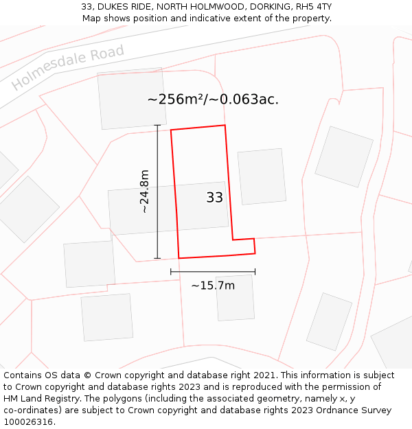 33, DUKES RIDE, NORTH HOLMWOOD, DORKING, RH5 4TY: Plot and title map