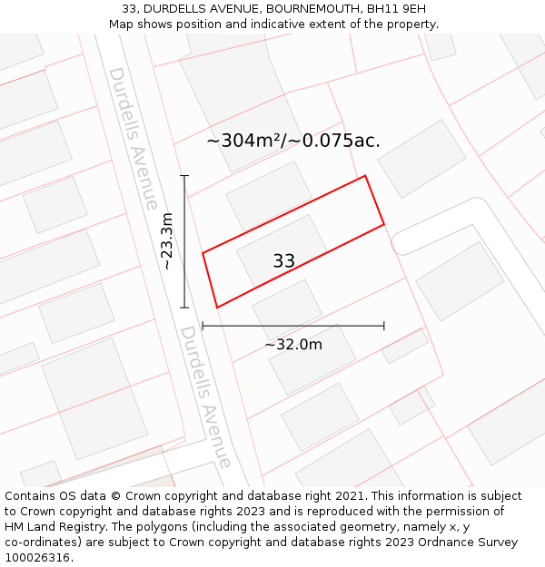 33, DURDELLS AVENUE, BOURNEMOUTH, BH11 9EH: Plot and title map