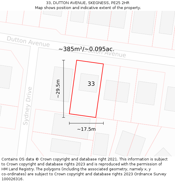 33, DUTTON AVENUE, SKEGNESS, PE25 2HR: Plot and title map