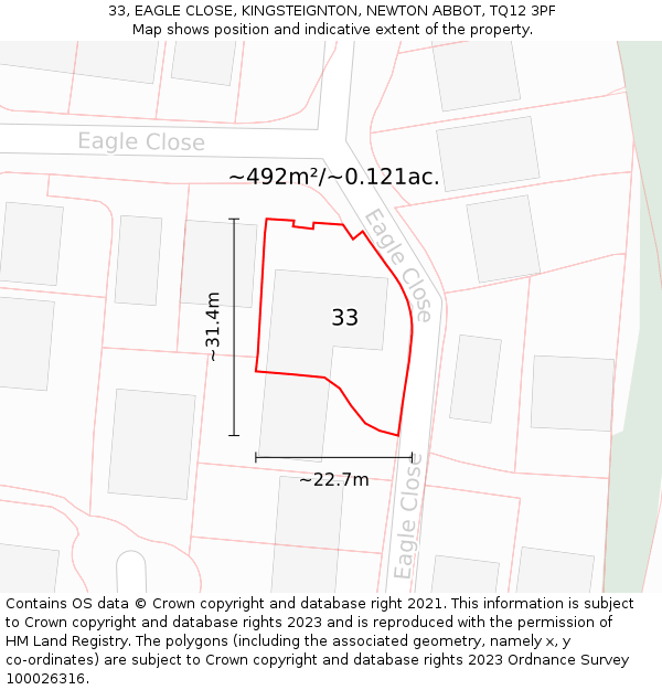 33, EAGLE CLOSE, KINGSTEIGNTON, NEWTON ABBOT, TQ12 3PF: Plot and title map