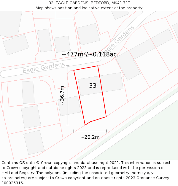 33, EAGLE GARDENS, BEDFORD, MK41 7FE: Plot and title map