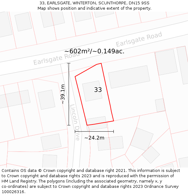 33, EARLSGATE, WINTERTON, SCUNTHORPE, DN15 9SS: Plot and title map