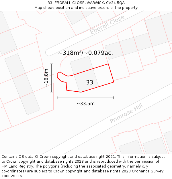 33, EBORALL CLOSE, WARWICK, CV34 5QA: Plot and title map