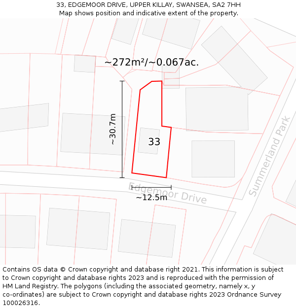33, EDGEMOOR DRIVE, UPPER KILLAY, SWANSEA, SA2 7HH: Plot and title map