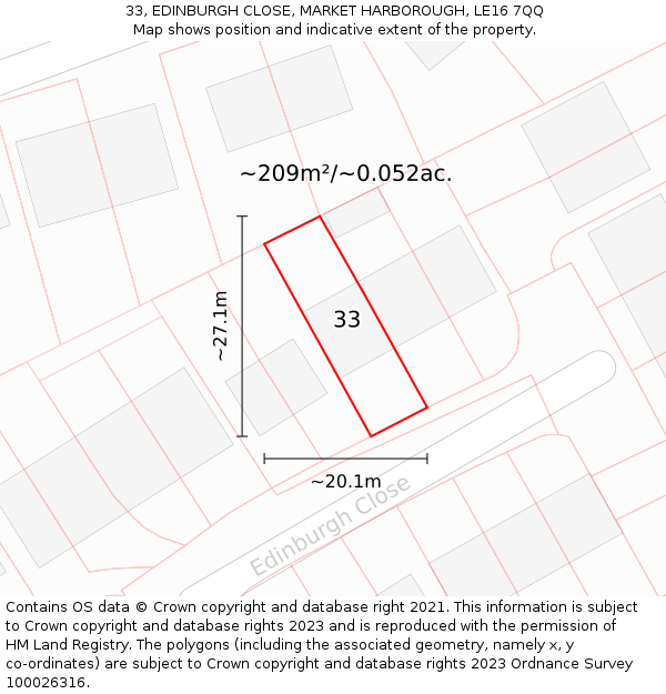 33, EDINBURGH CLOSE, MARKET HARBOROUGH, LE16 7QQ: Plot and title map
