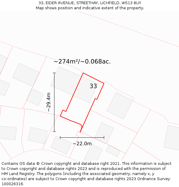 33, EIDER AVENUE, STREETHAY, LICHFIELD, WS13 8UY: Plot and title map