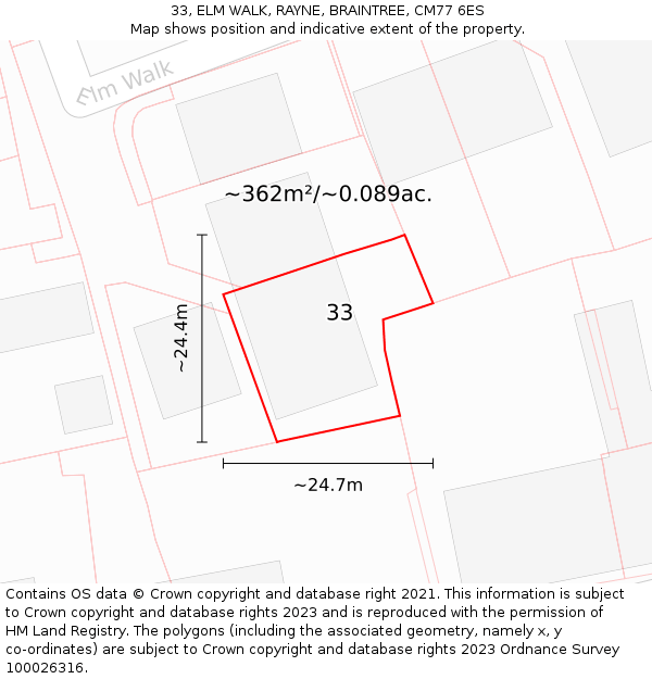 33, ELM WALK, RAYNE, BRAINTREE, CM77 6ES: Plot and title map