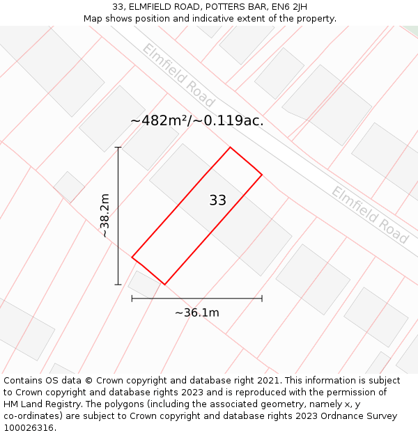 33, ELMFIELD ROAD, POTTERS BAR, EN6 2JH: Plot and title map
