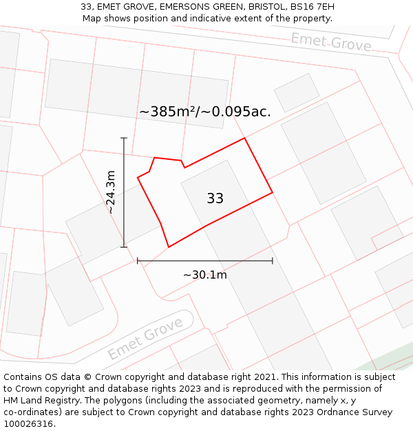 33, EMET GROVE, EMERSONS GREEN, BRISTOL, BS16 7EH: Plot and title map