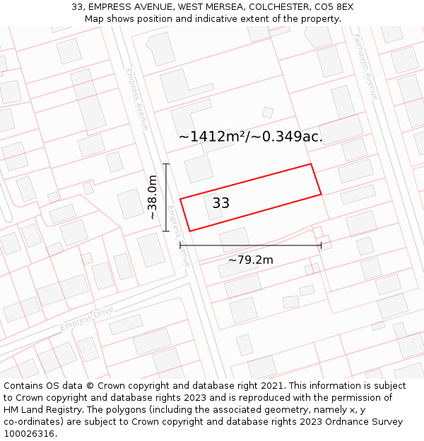 33, EMPRESS AVENUE, WEST MERSEA, COLCHESTER, CO5 8EX: Plot and title map