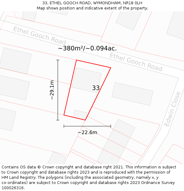 33, ETHEL GOOCH ROAD, WYMONDHAM, NR18 0LH: Plot and title map