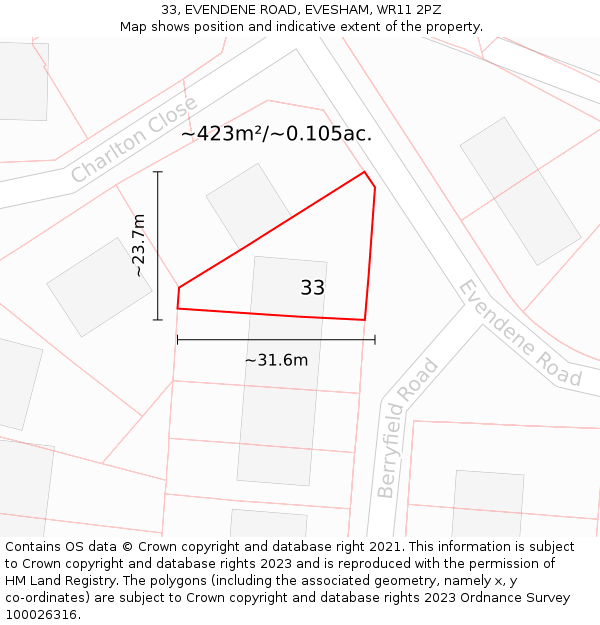 33, EVENDENE ROAD, EVESHAM, WR11 2PZ: Plot and title map