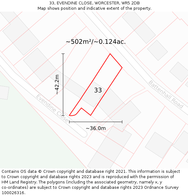 33, EVENDINE CLOSE, WORCESTER, WR5 2DB: Plot and title map