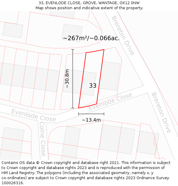 33, EVENLODE CLOSE, GROVE, WANTAGE, OX12 0NW: Plot and title map