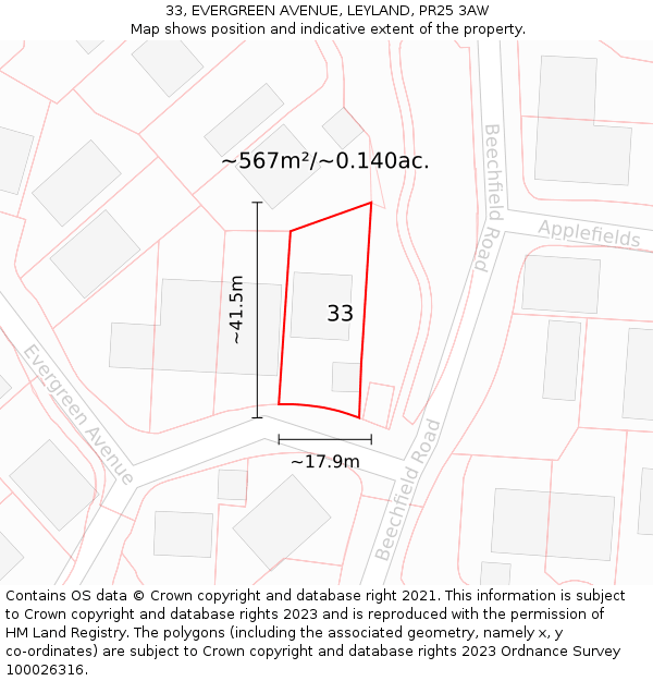 33, EVERGREEN AVENUE, LEYLAND, PR25 3AW: Plot and title map