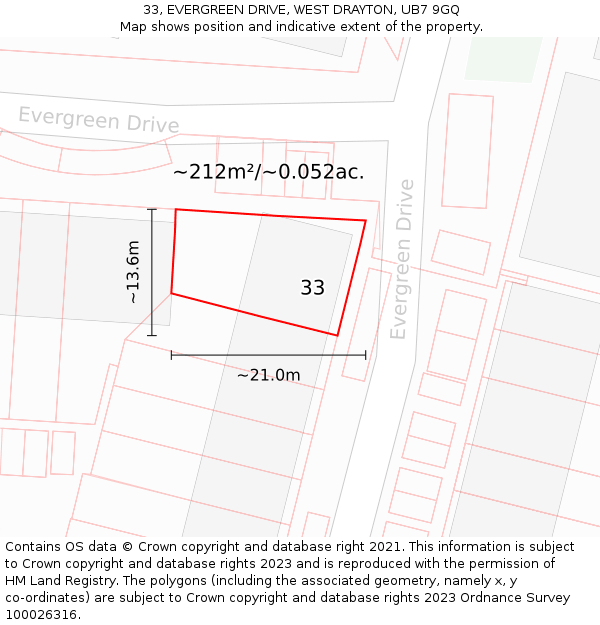33, EVERGREEN DRIVE, WEST DRAYTON, UB7 9GQ: Plot and title map