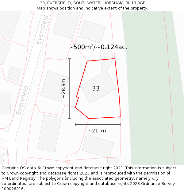 33, EVERSFIELD, SOUTHWATER, HORSHAM, RH13 9GF: Plot and title map