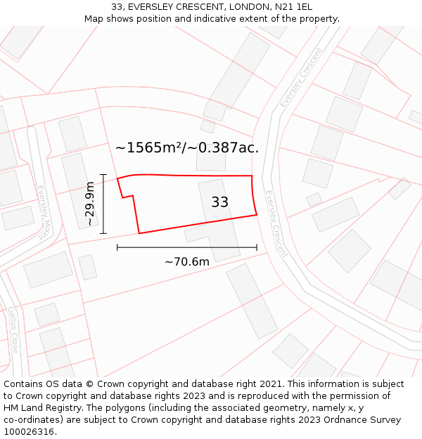 33, EVERSLEY CRESCENT, LONDON, N21 1EL: Plot and title map