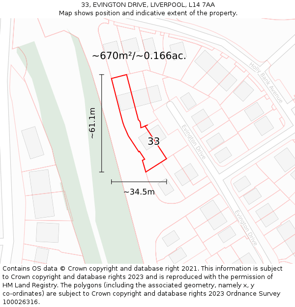 33, EVINGTON DRIVE, LIVERPOOL, L14 7AA: Plot and title map